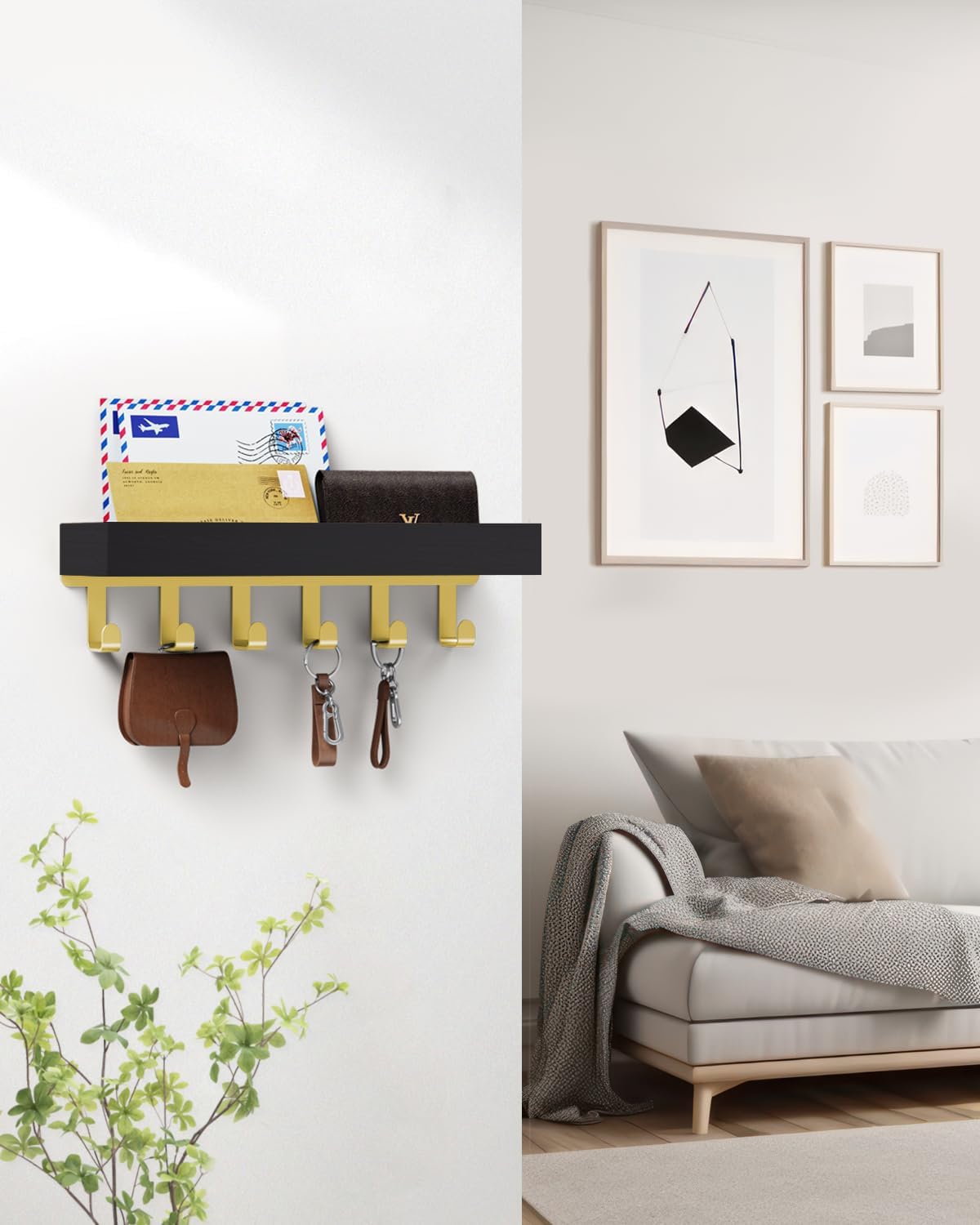 Key Holder Wall Mount Adhesive Magnetic - Hanging Key Hooks with Mail Organizer Tray for Wallet House - Keys Hanger Rack with Shelf for Camper Entryway Door Home Living Room Decor Large Black