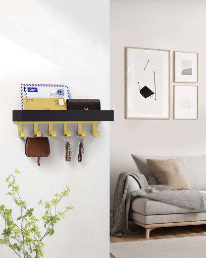 Key Holder Wall Mount Adhesive Magnetic - Hanging Key Hooks with Mail Organizer Tray for Wallet House - Keys Hanger Rack with Shelf for Camper Entryway Door Home Living Room Decor Large Black