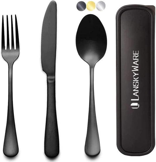 Portable Travel Utensils Set with Case,Reusable Office Flatware Set,Healthy Travel Cutlery Set 3 PCs Stainless Steel Fork, Spoon,Knife Cutlery Ideal for Travel, Lunch Box and Camping (Rose Gold-3PCs)