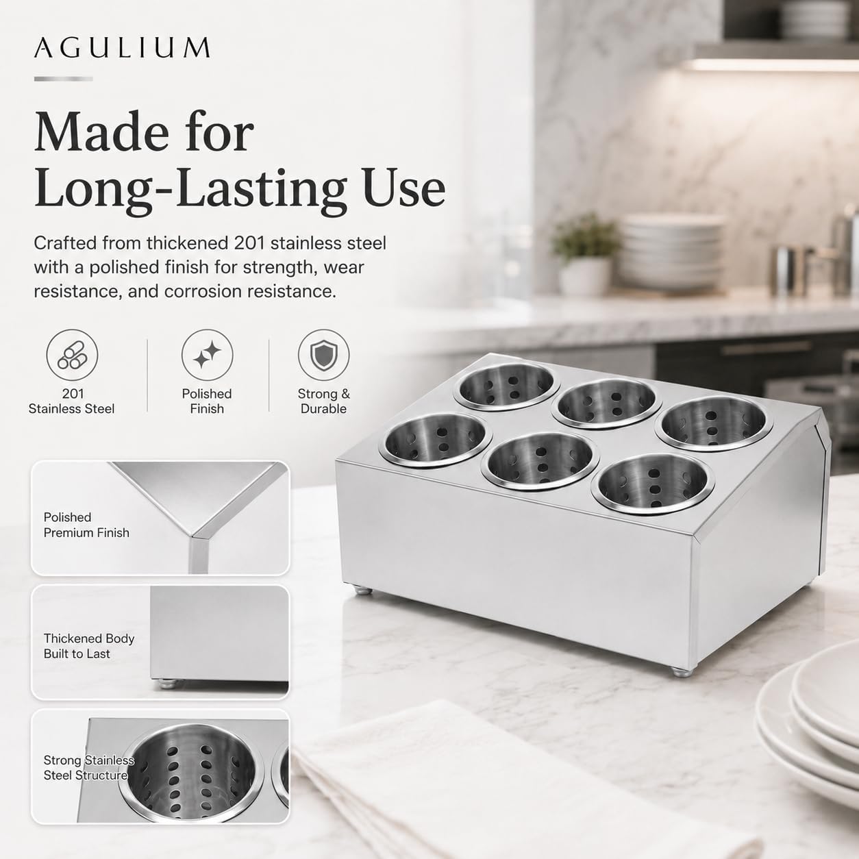 Commercial 4-Hole Stainless Steel Cylinder Flatware Silverware Utensil Holder Organizer Caddy, Detachable Countertop Utensil Dispenser for Forks Spoons Knives for Restaurant Kitchen Buffet