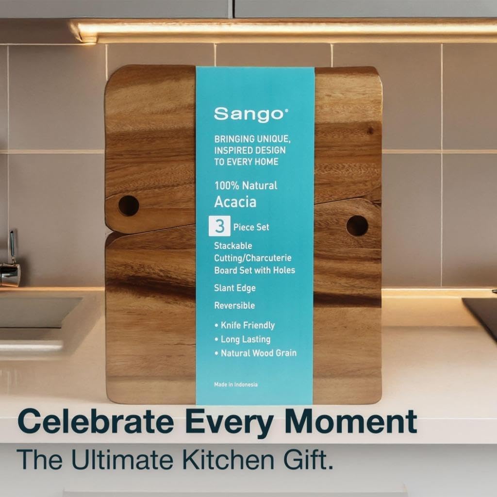 Sango Acacia Cutting Board Set with Juice Grooves and Partitions for Serving, 3-Piece- Wood Chopping Boards, Stackable & Reversible for Kitchen, Non-Toxic, Perfect as Butcher Block Countertop, Atelier