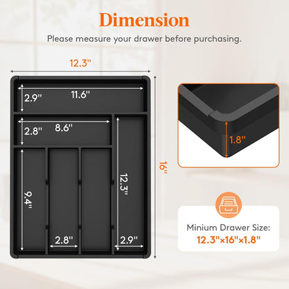 Lifewit Silverware Drawer Organizer Tray, Plastic Cutlery Storage for Kitchen, Flatware and Utensil Holder Divider for Spoons Forks Knives Tableware, 9.1 x 12.6", 5 Slots, Black