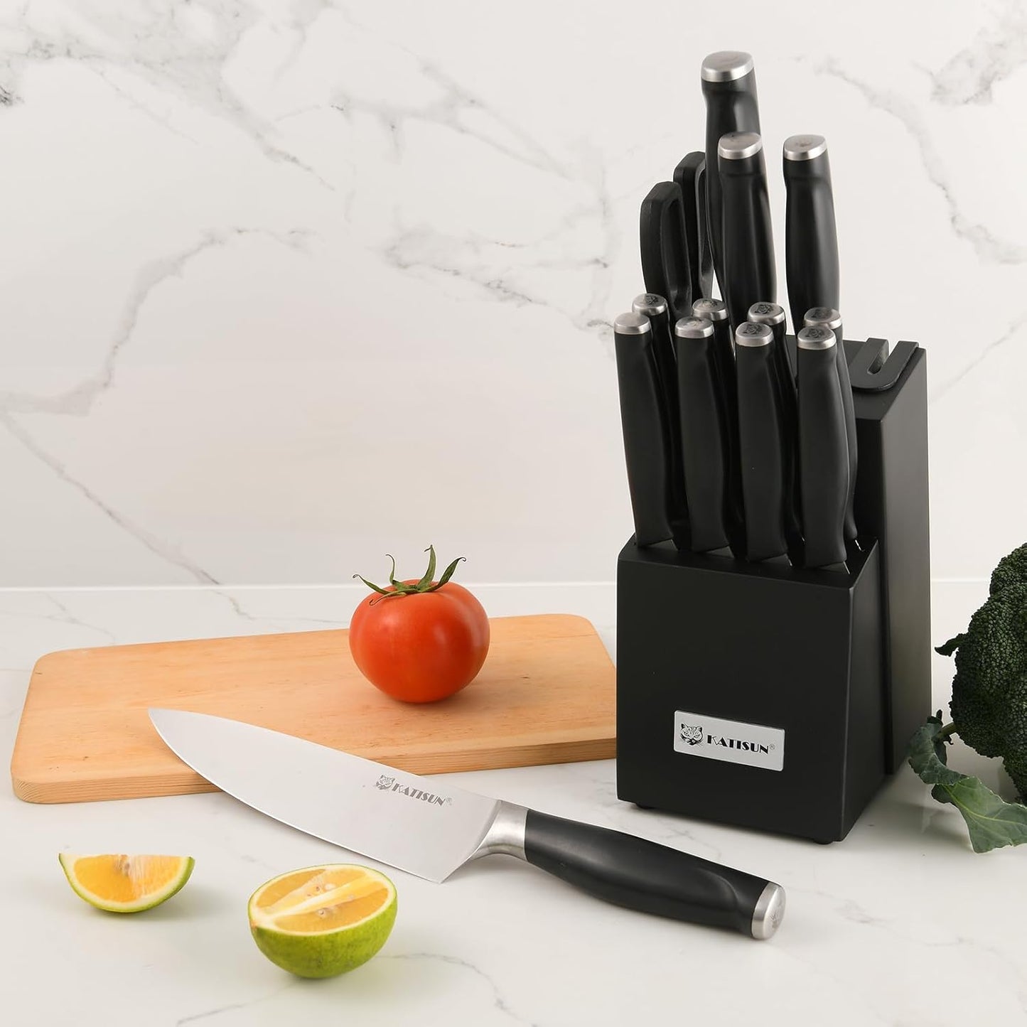 Kitchen Knife Set,14-Piece Knife Set With Block Wooden, Self Sharpening For Chef Knife Set, High Carbon German Stainless Steel Hammered Collection Knife Block Set, Dishwasher Safe Cutlery, Cream