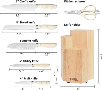 14-Piece Kitchen Knife Set with Detachable Block, High Carbon Stainless Steel Dishwasher Safe Knives, Includes Chef, Santoku, Bread, Steak Knives for Home Kitchen,White