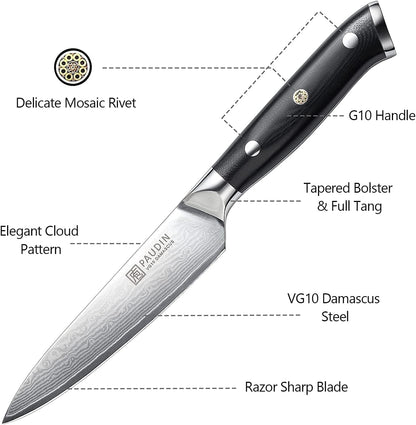 PAUDIN Utility Knife, 5 Inch Chef Knife, Ultra Sharp High Carbon Stainless Steel, Multipurpose Paring Knife for Fruit and Vegetable Cutting with Wooden Handle, Premium Gift Box