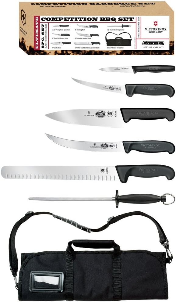 Victorinox Knife Set - Swiss Army Field Dressing Kit, 7-Piece Kitchen Knife Set, Kitchen Knives for Butcher/BBQ with Fibrox Handles, 10" Honing Steel and Case - Black