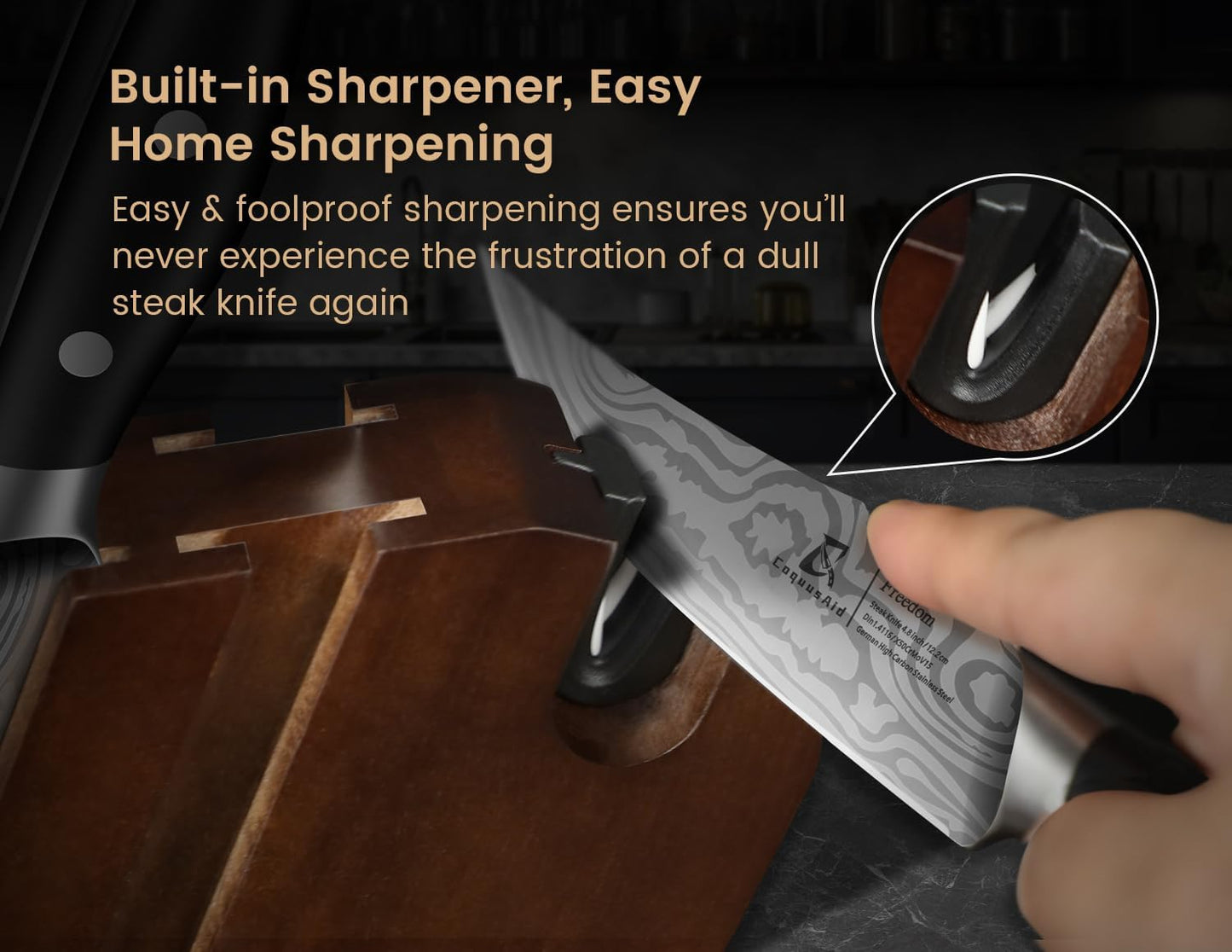 CoquusAid Steak Knives Set of 8, 4.8 Inch Straight Edge Ultra Sharp Durable Meat knives with Rest, High Carbon Stainless Steel Damascus Pattern Triple Rivet Handle, Ideal for Home Restaurant Party