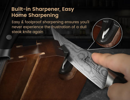 CoquusAid Steak Knives Set of 8, 4.8 Inch Straight Edge Ultra Sharp Durable Meat knives with Rest, High Carbon Stainless Steel Damascus Pattern Triple Rivet Handle, Ideal for Home Restaurant Party
