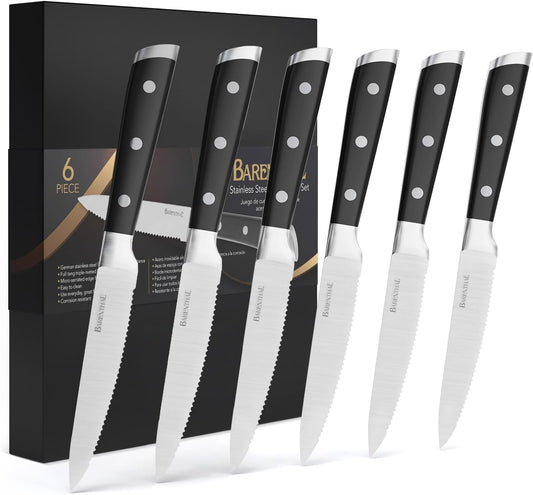Steak Knives Set of 6, German Stainless Steel Sharp Steak Knife Set, 4.8 Inch Serrated Knives with Box, Steak Knifes for Home Party Christmas Gift