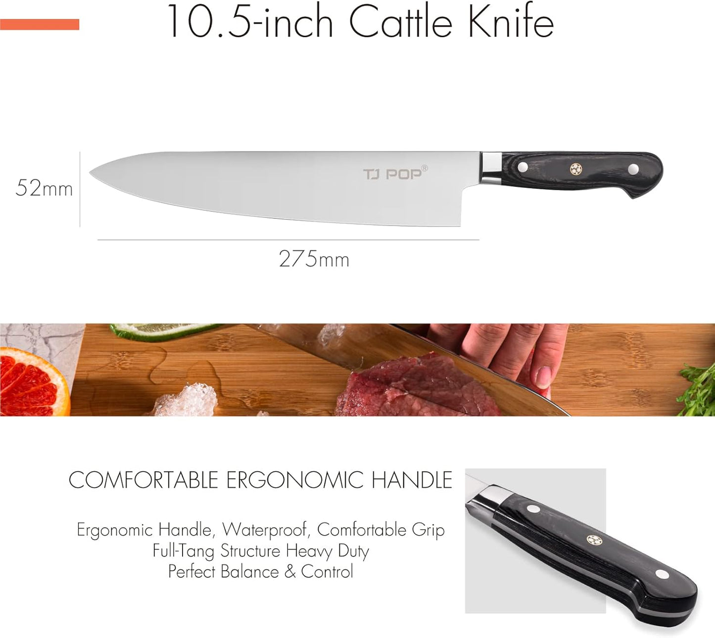 TJ POP Gyuto Chef Knife 10.6 inch, Professional Japanese Sushi Knife, Full-tang Designed, Premium High Carbon Steel Blade 270mm