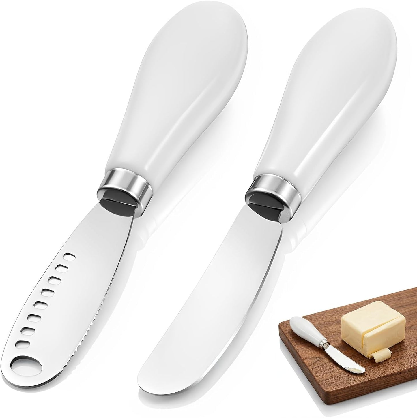 Cheese Spreader Knives, Stainless Steel Butter Knife with Porcelain Handles Cheese Butter Spreader Knives for Kitchen, Butter-Knife with Holes in Blade for Soft Jam, Charcuterie, Pastry