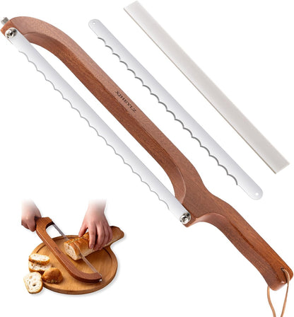 Sourdough bread knife,Bread slicer for homemade bread,Adjustable blade tightness for Even Slicing, Serrated knife,Wooden bread cutter with Bow Design (1, brown)