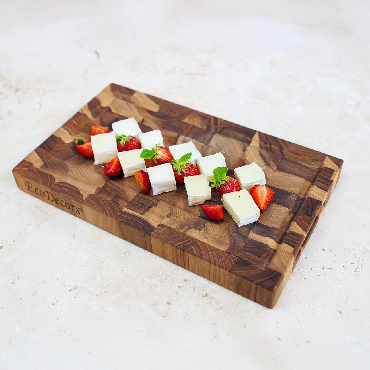 EcoDecors, Teak End Grain Cutting Board 17"x18", FSC Teakwood Butcher Block with Juice Groove, Waste Chute & Handles, Solid Wood Cutting Board for Kitchen, Carving & Stove-Top Prep