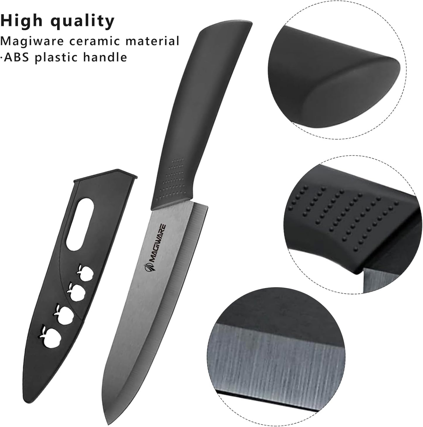 Magiware Ceramic Knives, Ceramic Knife Set with Sheaths Cover -Sharp Longer Never Rust (include 6 Inch Chef Knife, 5inch Utility Knife, and 4 Inch Paring Knife