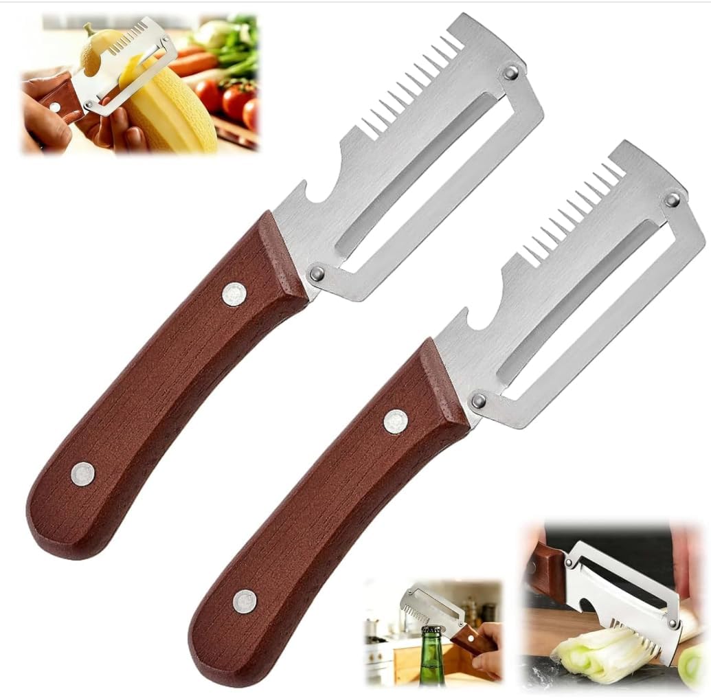 2 Pack MultiFunctional Vegetable Peeler,3 in 1 Multi Functional Wooden Handle Peeler and Bottle Opener,Peeler Knife for Fruit Pumpkin Peeling Potato Carrot Veggie Peeler