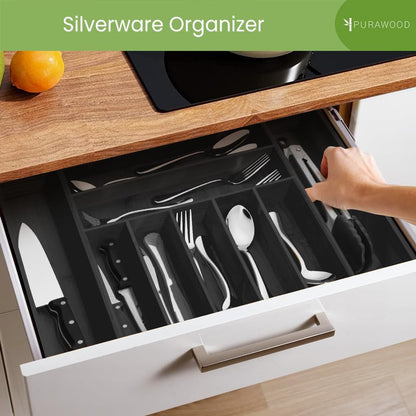 Purawood Kitchen Drawer Organizer with Knife Blocks - Utensil Drawer Organizer for Kitchen, Cutlery Tray & Silverware Organizer, 3-5 Slots - Bamboo Organizer for Utensils & Flatware (Natural)