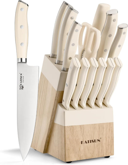 15-Piece White Kitchen Knife Set with Built-in Sharpening Stone, Ergonomic Triple Rivet Fixed Handles, Dishwasher Safe