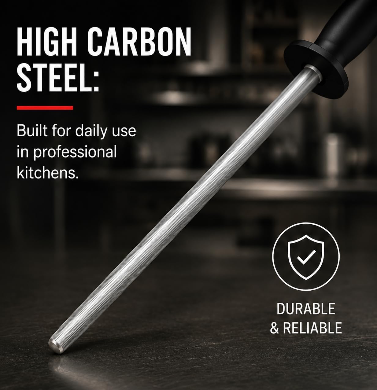 Professional Butcher’s Honing Steel – Round Rod for Chefs, Meat Cutters, and Home Kitchens – Carbon Steel Knife Alignment Tool with Non-Slip Handle (14 inch)