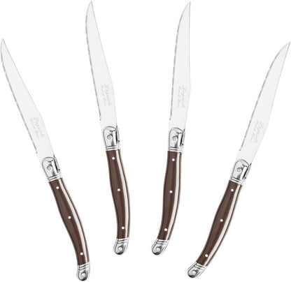 French Home Laguiole 4-Piece Steak Knife Set – Sophisticated Stainless Steel Dinner Knives with Navy Blue Handles & Iconic Bee Emblem – Serrated Knives for Smooth Cutting (9.25")