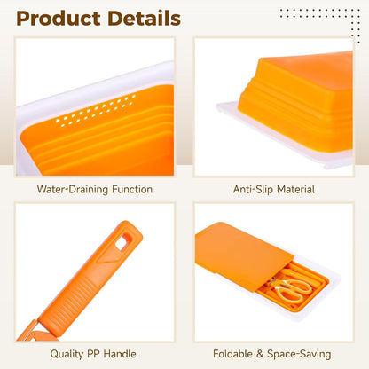 7PCS Collapsible Cutting Board Set, Foldable Camping Sink with Drain, Double-Sided Chopping Board, Kitchen Shears, Knives, Peeler, Sponge for Outdoor, BBQ, Picnic, and Home