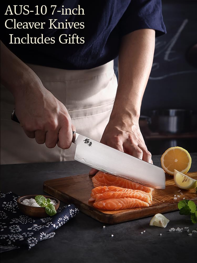 Japan Aichi AUS10 Triple Layer Composite Steel 8-inch Chef's Knife,Gyuto，Meat Cleavers，G10 Handle, Forged Kitchen Knife，Black Walnut Knife Sheath Set