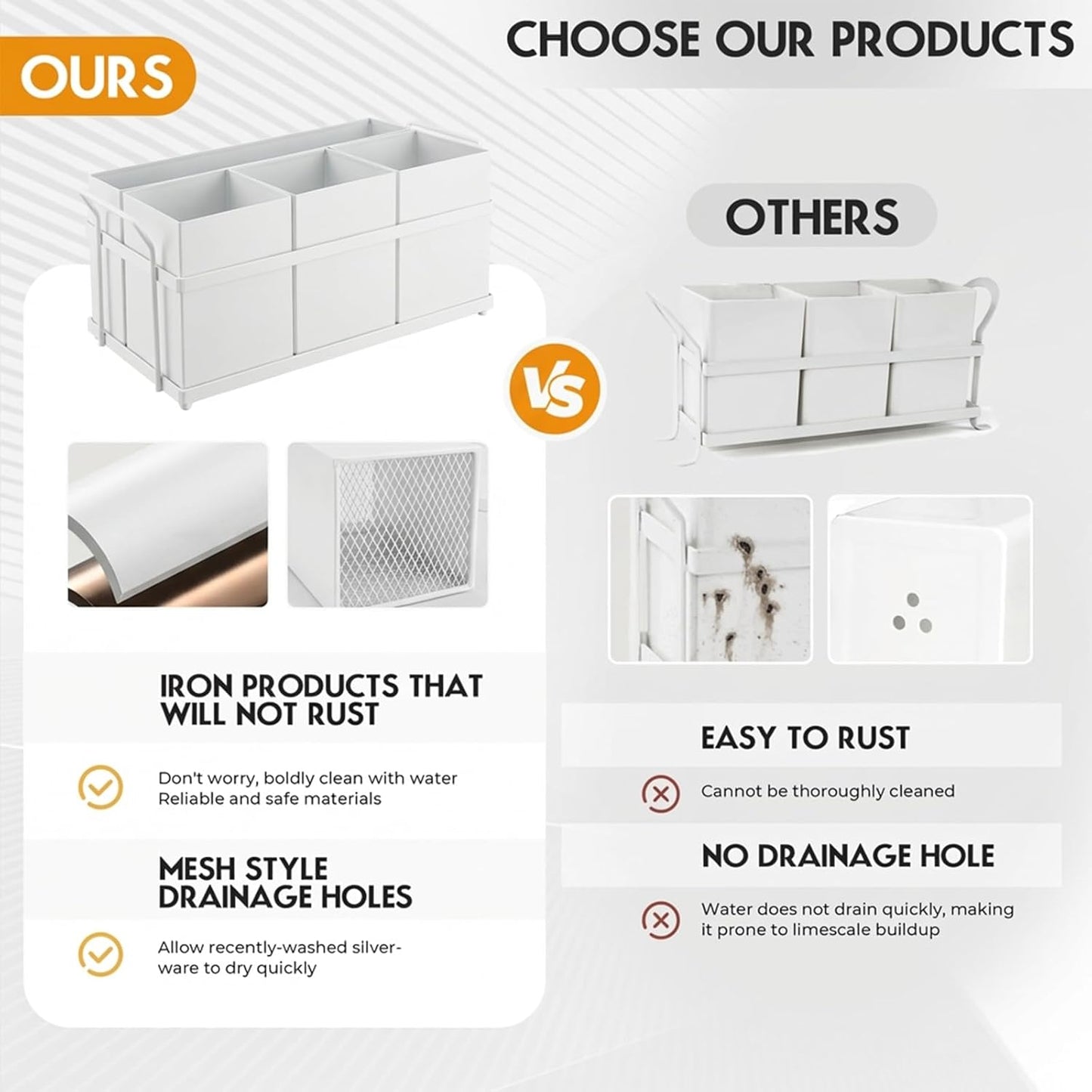 Utensil Holder Mesh Drainage Holes, 3pcs Bins Set Countertop Utensil Holder for Spoons, Forks and Knives, Cutlery Organizer Suitable for Party, Kitchen Counter, White