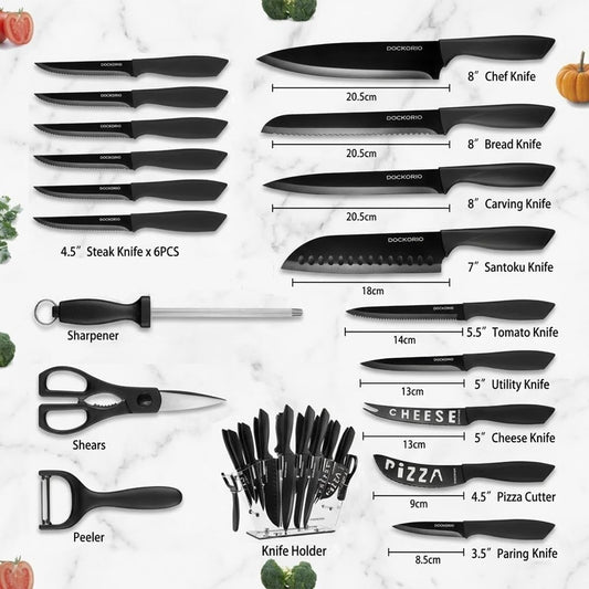 all in one Kitchen Knife Set with Block, 19 PCS High Carbon Stainless Steel Sharp Serrated Steak Knives Set, Chef Knives, Bread Knife, Scissor, Sharpener,