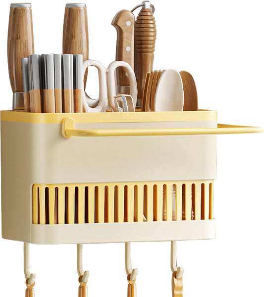 No-Drill Wall-Mounted Utensil Organizer – 3 Compartments for Knives, Spatulas & Cloths, Space-Saving Kitchen Storage Solution (Corn Yellow)