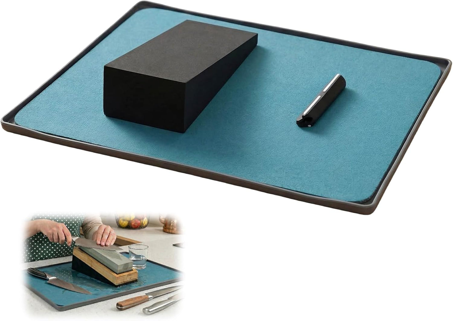 No-Mess Knife Sharpening Kit - Leak-Proof Silicone Tray & Absorbent Diatomite Mat with 15 Angled Whetstone Holder & Angle Guide | All-in-One Sharpening System