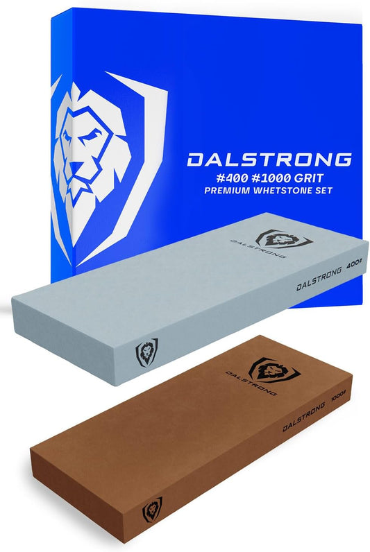 Dalstrong Whetstone Set #1000/#6000 — XL Corundum Sharpening Stones — For Restoring Dull Knives, Maintaining Any Kitchen Blade, Beginner to Pro — Non-Slip Base, Angle Guide, Customer Support