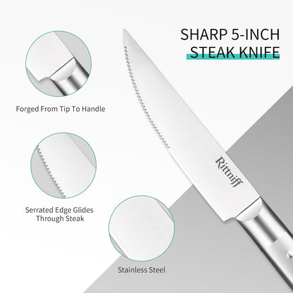 Steak Knives Set of 4, 5-Inch Serrated Stainless Steel Steak Knife Set with Wide Stainless Handle, Gift-Ready Box for Steak Night, BBQ, Housewarming & Wedding