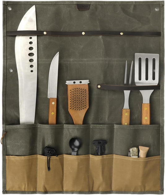 Tourbon Outdoor Camping Hanging Tool Roll Bag Canvas Cutlery Pouch Removable Tableware Multi-Purpose Storage Organizer for Camp BBQ Dinnerware Cookware