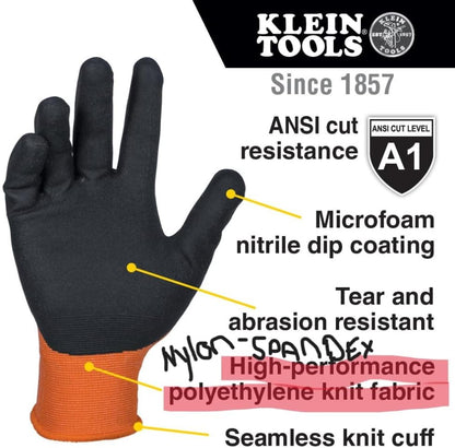 Klein Tools 60581 Work Gloves, Knit Dipped Cut Resistant ANSI A1 Nitrile Coated Gloves, Nylon-Spandex, Touchscreen Capable, Large, 2-Pair