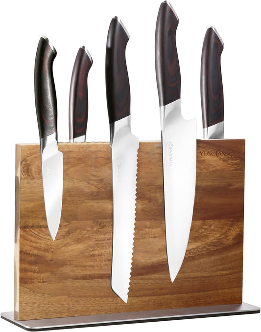 5-Piece Knife Set with Wooden Magnetic Knife Holder, Japanese Kitchen Knife Set with Magnetic Block, Ergonomic Handle, Suitable for Holiday Gift Giving