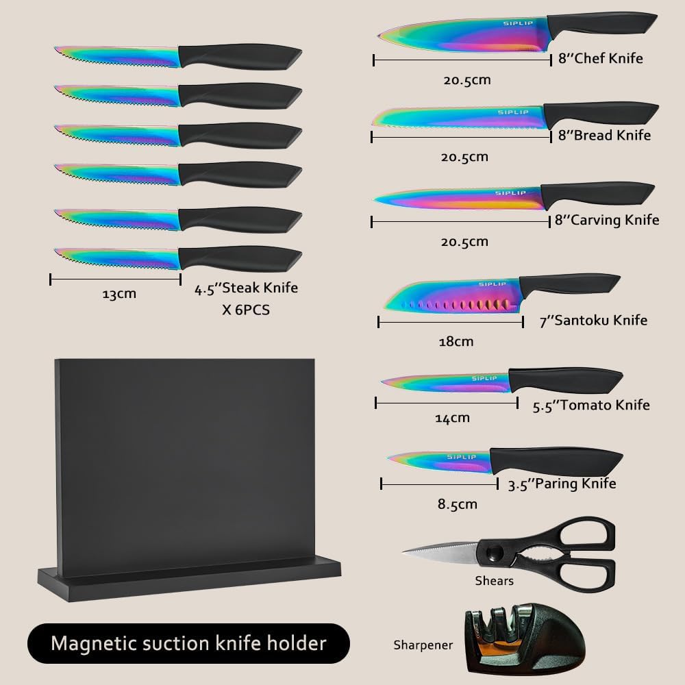 15-Piece High Carbon Stainless Steel Kitchen Knife Set with Magnetic Holder - Includes Chef's, Bread, Serrated Steak Knives and Sharpener