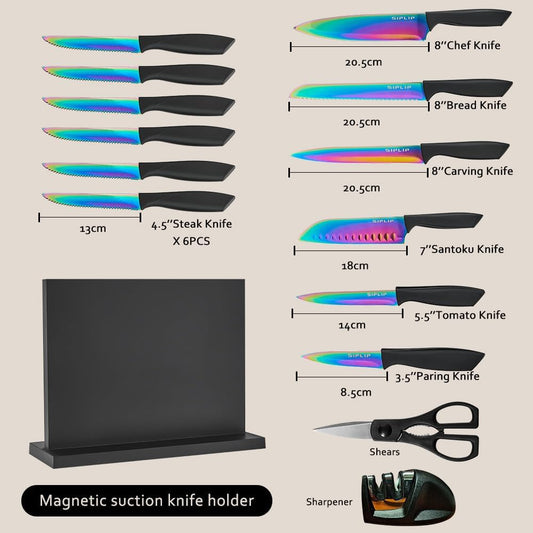 15-Piece High Carbon Stainless Steel Kitchen Knife Set with Magnetic Holder - Includes Chef's, Bread, Serrated Steak Knives and Sharpener