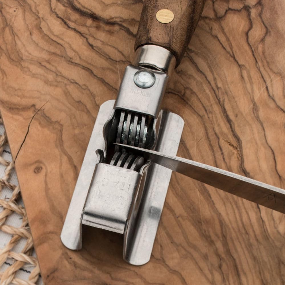 Knife Sharpener - Handheld Manual Sharpening Tool for Fixed Blades, Pocketknives, and Kitchen Knives - Blade Sharpener with Rotating Steel Wheel Sharpening Discs and Beech Handle by Kings County Tools