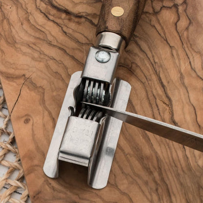 Knife Sharpener - Handheld Manual Sharpening Tool for Fixed Blades, Pocketknives, and Kitchen Knives - Blade Sharpener with Rotating Steel Wheel Sharpening Discs and Beech Handle by Kings County Tools