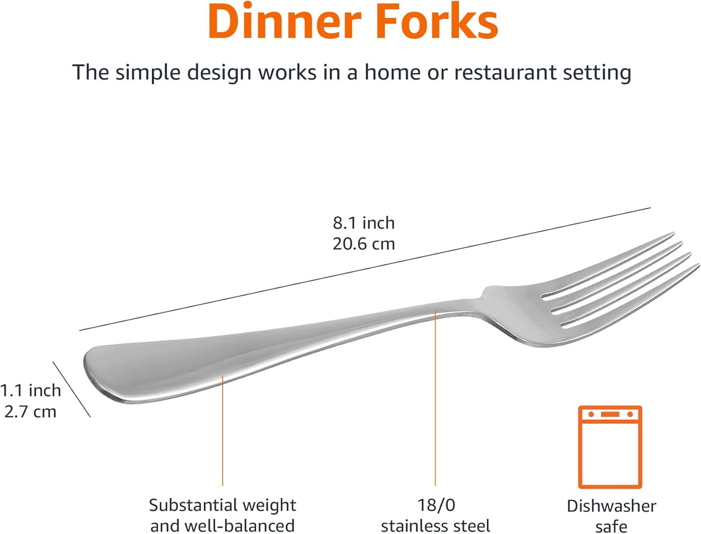 Amazon Basics Stainless Steel Dinner Knives with Round Edge, Silverware, Table Knives, Restaurant Quality, Pack of 12, Silver