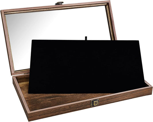 MOOCA Wooden Jewelry Display Case, Pocket Knife Display Case with Tempered Glass Top Lid and Removable Black Luxurious MDF Velvet Jewelry Pad, Black Color
