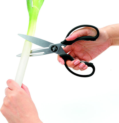 Multi-Purpose Kitchen Shears – Meat & Vegetable Cutter, Crab Cracker, Vegetable Peeler, Jar & Bottle Opener, Knife, Safety Cap, Dishwasher Safe (1 Pair, White)