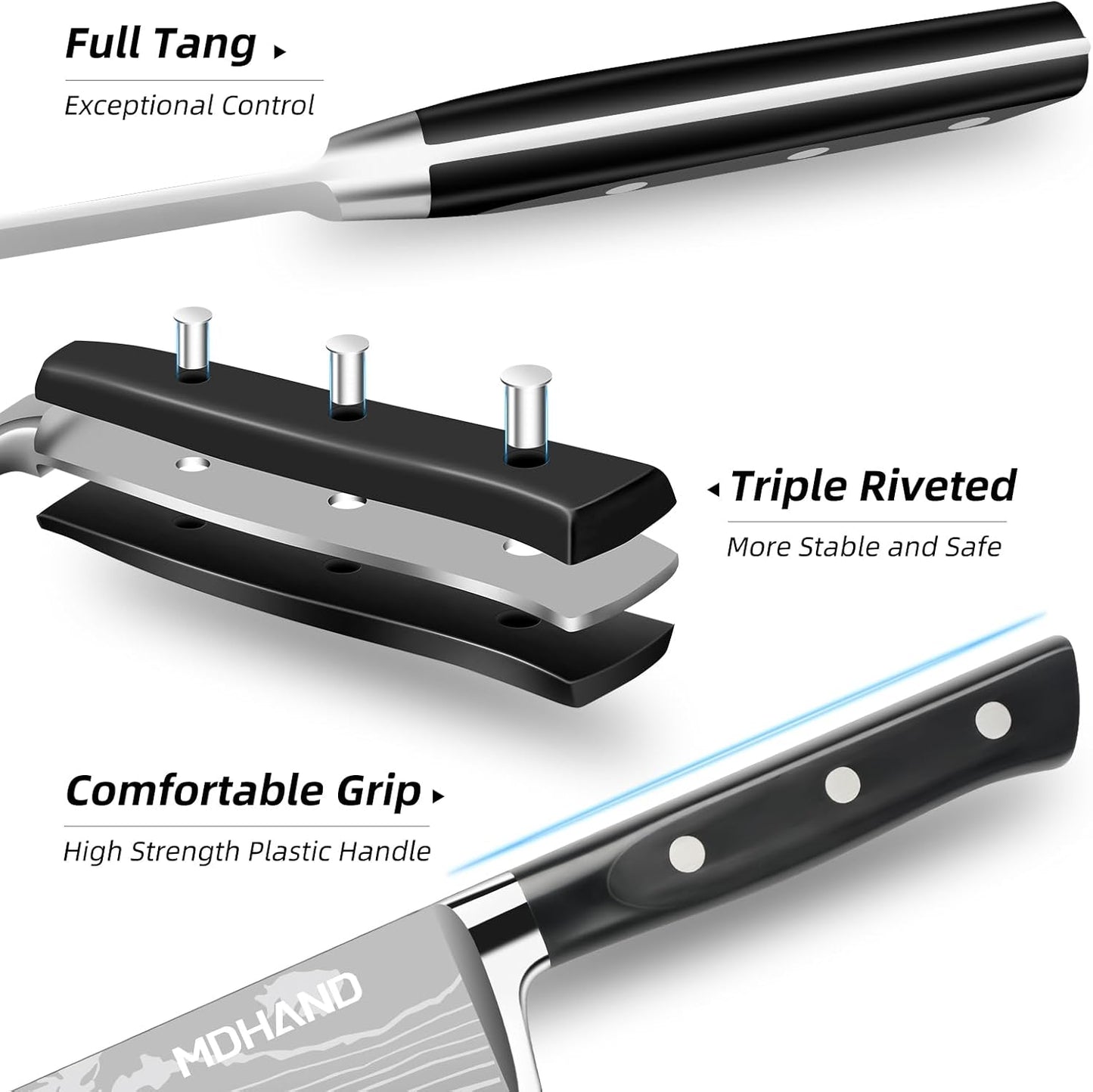MDHAND Chef Knife Set with Roll Bag, 9PCS Professional Knife Set with Sharpener, High Carbon Stainless Steel Japanese Kitchen Knife Set - Forged Triple Rivet Handle, Dishwasher Safe, Chef Gifts, Black