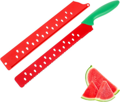 Garneck Watermelon Knife with Sleeve Serrated Watermelon Cutter: Multifunctional Long Melon Slicer Fruit Knife for Lettuce Melon Bread Cake Vegetables Home Restaurant Picnic Summer Camping Party