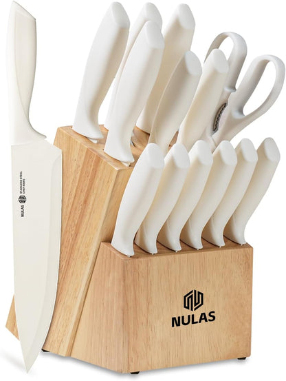 15-Piece Kitchen Knife Block Set with Built-in Sharpener, Upgraded Non-Stick Coating Blades, Ergonomic Handles, Dishwasher Safe, Cream
