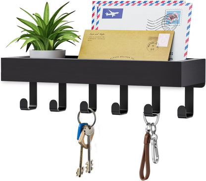 Key Holder Wall Mount Adhesive Magnetic - Hanging Key Hooks with Mail Organizer Tray for Wallet House - Keys Hanger Rack with Shelf for Camper Entryway Door Home Living Room Decor Large Black