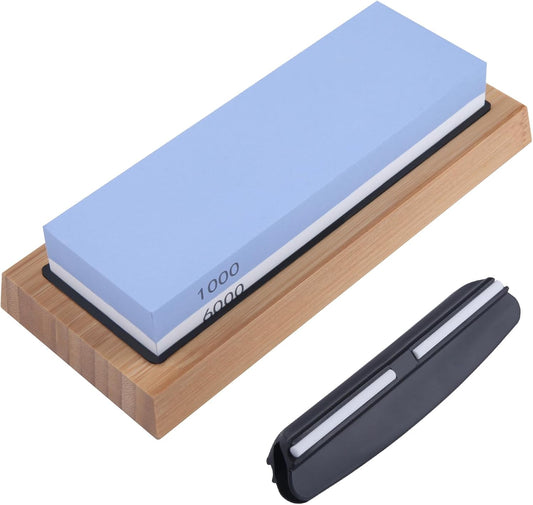 Whetstone Knife Sharpening Stone Kit 1000/6000 Grit Double Sided Kitchen Whetstone Knife Sharpener Wet Stones Flattening Stone with Non-Slip Silicon Bases, Bamboo Bases and Angle Guide