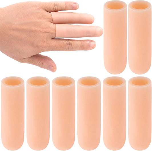 PAGOW 10pcs Gel Finger Cots/Covers, Silicone Finger Protector Support, Finger Caps Finger Sleeves Thumb Protector for Finger Cracking Trigger Finger Arthritis Pain Relief (Beige, Short)