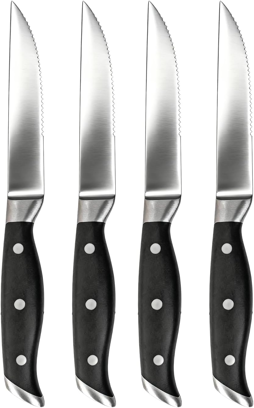 4.5 Inch Steak Knife Set of 4, Knives Set for Kitchen, Paring Knife, Stainless Steel Serrated Knife, Lacquered Wood, Black