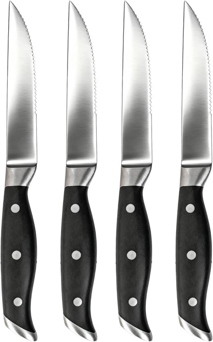 4.5 Inch Steak Knife Set of 4, Knives Set for Kitchen, Paring Knife, Stainless Steel Serrated Knife, Lacquered Wood, Black