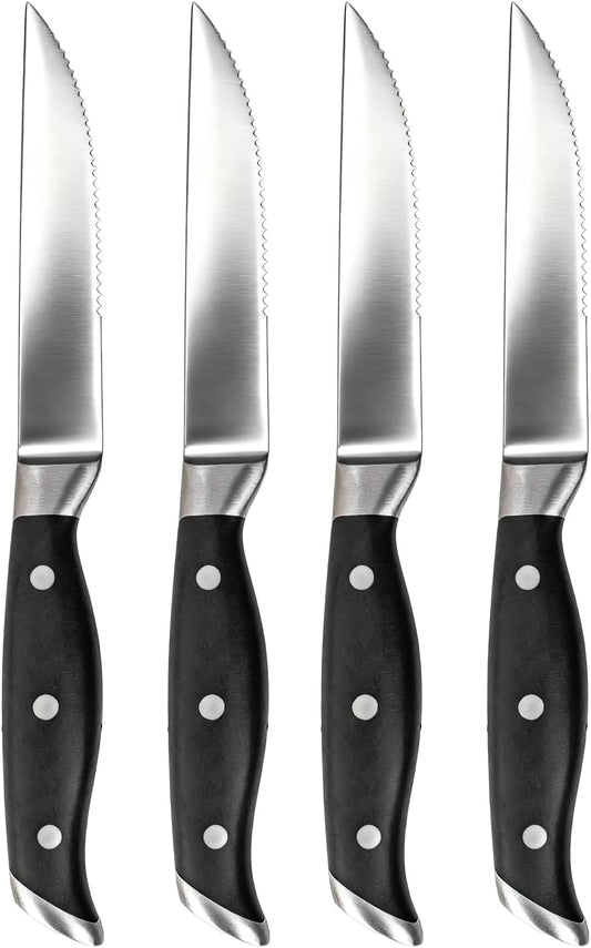4.5 Inch Steak Knife Set of 4, Knives Set for Kitchen, Paring Knife, Stainless Steel Serrated Knife, Lacquered Wood, Black